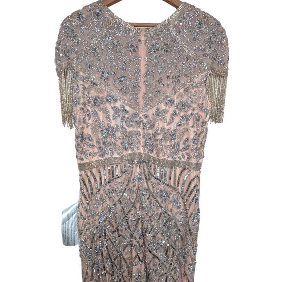 Mac Duggal Beaded Fringe Gown Size 14 – Nude Silver Embellished Maxi Dress NWT - Picture 7 of 10